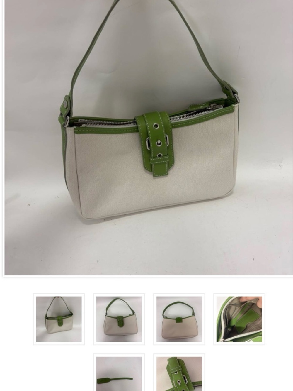 Lancetti made in Paris, creame Shoulder Bag with Green Trim and Buckle Accent